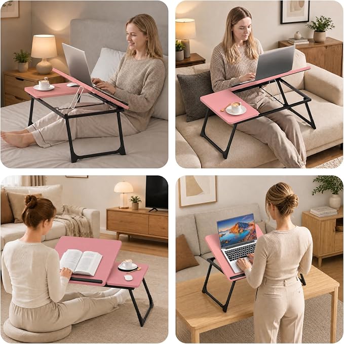 Laptop Bed Desk, 5-Angle Adjustable Bed Laptop Table with Cup Holder | Foldable Laptop Stand for Couch & Sofa, Portable Laptop Tray for Adults Writing Reading Eating, Pink - Image 9