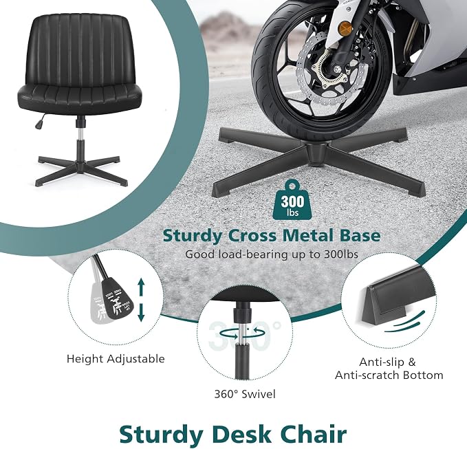 OLIXIS Criss Cross Chair, Vanity Chair, Home Office Desk | Armless No Wheels Wide Seat, Height Adjustable Swivel, Padded PU Leather, Bedroom Student Study, Black Dual Base - Image 7