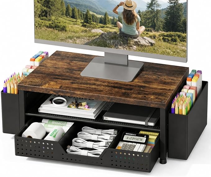 LEKETREE Wood Desk Organizer, 2-Tier Computer Monitor Stand Riser with Storage Drawer and 2 Pen Holders, Laptop & Printer Stand, Shelf for Top of Desk (Rustic Brown) by Stylishworkspaceeffortlessorganization