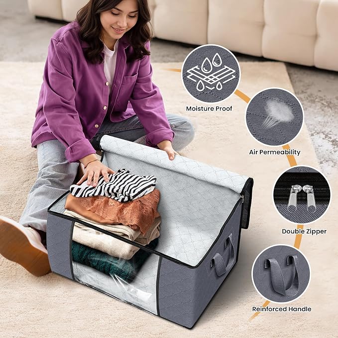 Fab totes 4 Pack Storage Bags for Clothes Blanket Storage Bins with Lids | Foldable Closet Organizers with Zippers,Window and Handles,Fabric Storage Bins for Sweater,Comforter,Bedding,Dorm essentials - Image 4