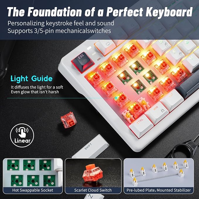 Hexgears 75% Wireless Mechanical Keyboard with Knob, Hot Swappable Creamy Keyboard with Wrist Rest, Pre-lubed Linear Switches, 2.4GHz/Type-C/BT5.0, RGB Backlit Gaming Keyboards for Win/Mac (White) - Image 4