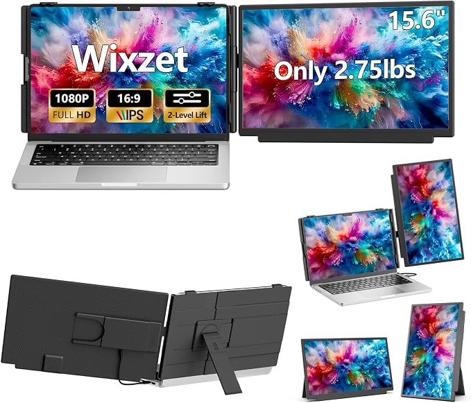 Laptop Screen Extender, 15.6" FHD 1080P IPS Laptop Monitor Extender for 13" - 17.3" Laptops, Detachable & 4-in-1 Modes Dual Monitor, Plug-Play Travel Monitor for Wins/Mac/Dex/Chrome by WixzetLaptopScreenExtender
