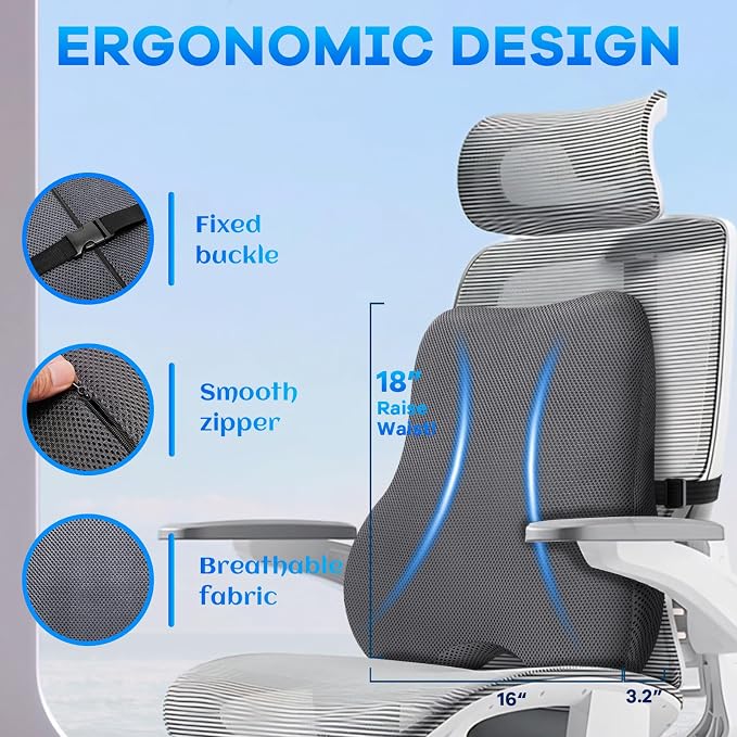 Gel Seat Cushion & Lumbar Support Pillow Set, Cooling Memory Foam for Coccyx & Sciatica Pain Relief, Ergonomic Desk Chair Cushion with Breathable Mesh Cover for Car, Home, Wheelchair (Grey) - Image 3