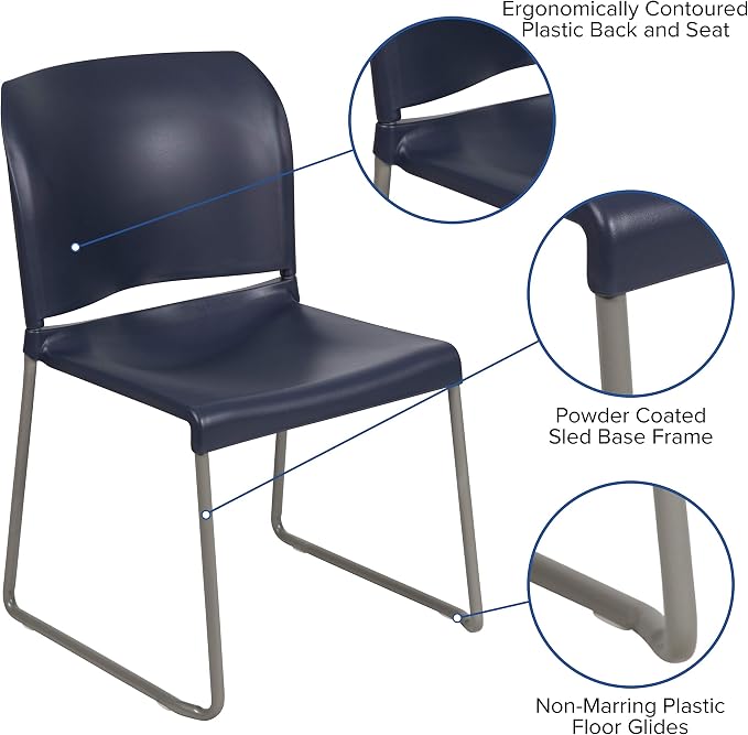 Flash Furniture Hercules Series Contoured Stacking Chairs for Waiting Rooms and Offices, Ergonomic Lobby Chairs with Curved Back, Set of 5, Navy | Sled Base, Powder Coated, Contoured, 880 LBS. Weight Capacity - Image 5
