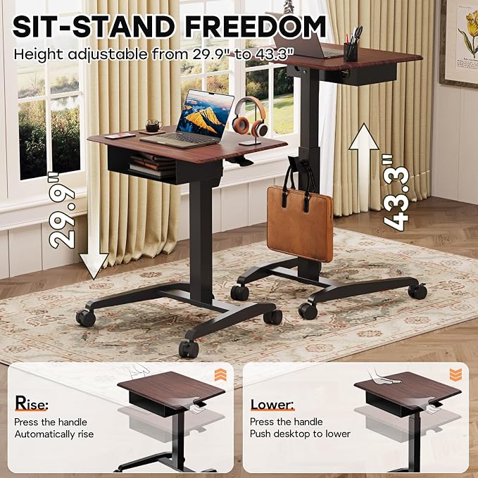 JOY worker 28" Pneumatic Mobile Laptop Desk with Storage Shelf, Dark Walnut | Rolling Standing Desk Height Adjustable with Storage Drawer, 4 Casters, Portable Workstation, Home Office School, Holds 22lbs - Image 4