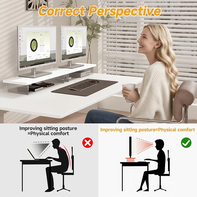 Computer Monitor Stands, Wood & Acrylic Computer Monitor Stand, Desk Monitor Stand Underneath Storage For Office, Home, School Supplies, 15.7" L (White) - Image 3