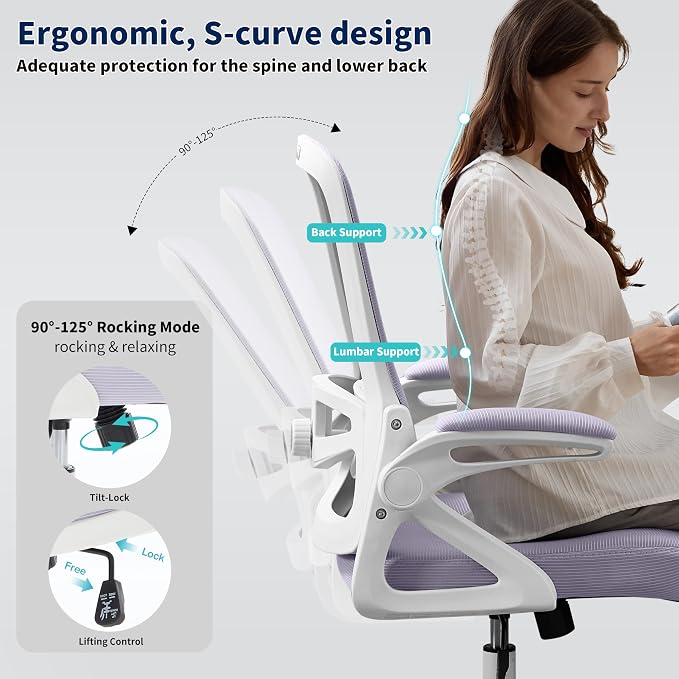Ergonomic Office Chair Desk Chair with Adjustable Lumbar Support | Mesh Computer Chair Home Office Desk Chair with Flip-up Armrests Executive Task Chair Comfy Mesh Gaming Chair(Lavender) - Image 7