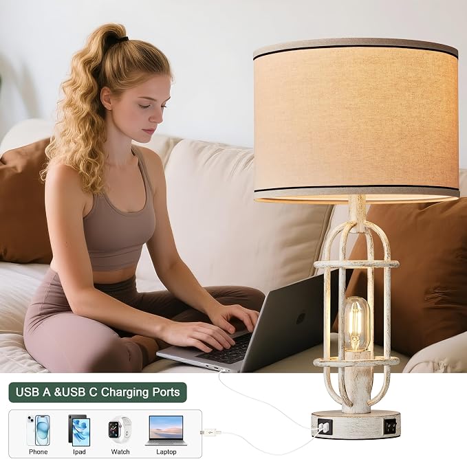 Reaketon 22.3" Farmhouse Table Lamps Set of 2, Vintage Lamps for Living Room End Tables, Bedroom Lamp for NightStand with USB C+A Ports, Antique White - Image 3