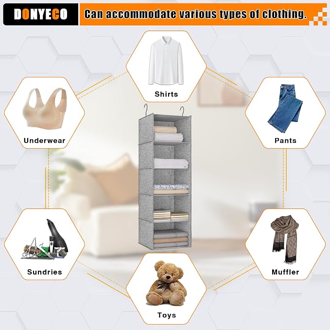 Hanging Closet Organizer 5-Shelf, Oxford Linen Wardrobe Storage, Gray | Easy-mount foldable design holds clothes, handbags, shoes & accessories; washable Oxford fabric, sturdy and space-saving. - Image 8