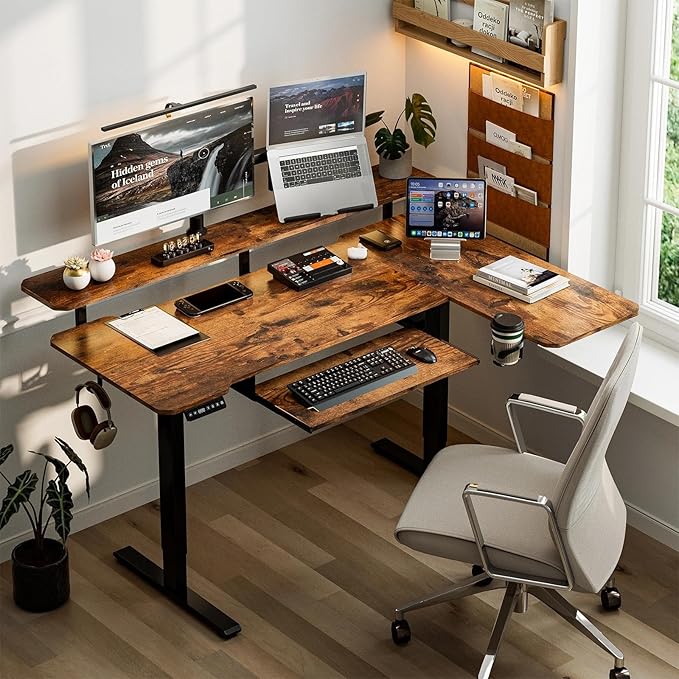 59 Inch L Shaped Standing Desk with Shelves and Keyboard, Electric Corner Standing Desk Adjustable Height, Sit Stand Computer Table with Reversiable Splice Board，Rustic Brown - Image 2