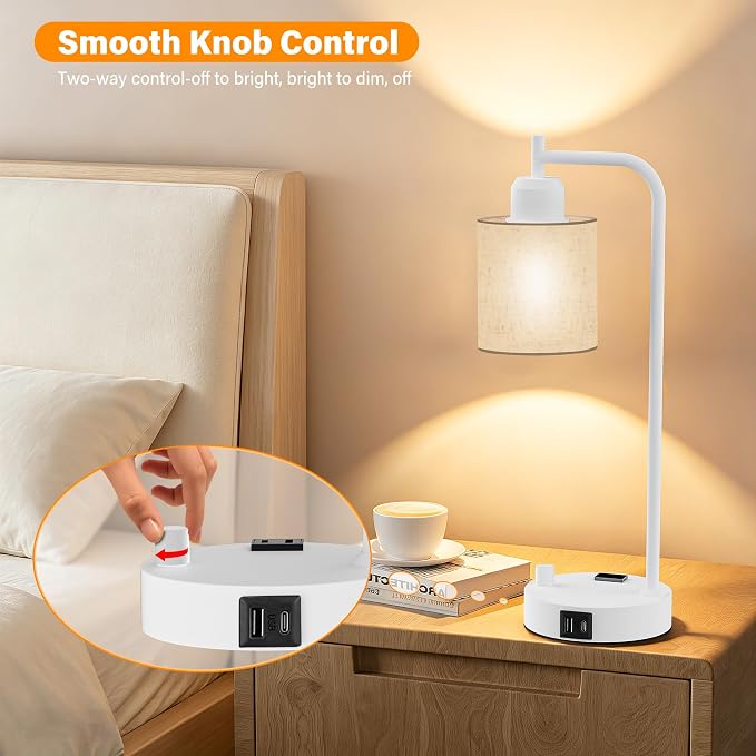 Industrial Table Lamps with Linen Shade, Set of 2 Fully Dimmable Bedside Lamps with USB A+C Ports and Outlet, White Nightstand Desk Lamps for Bedrooms Living Room Office, 2 LED Bulbs Included - Image 4