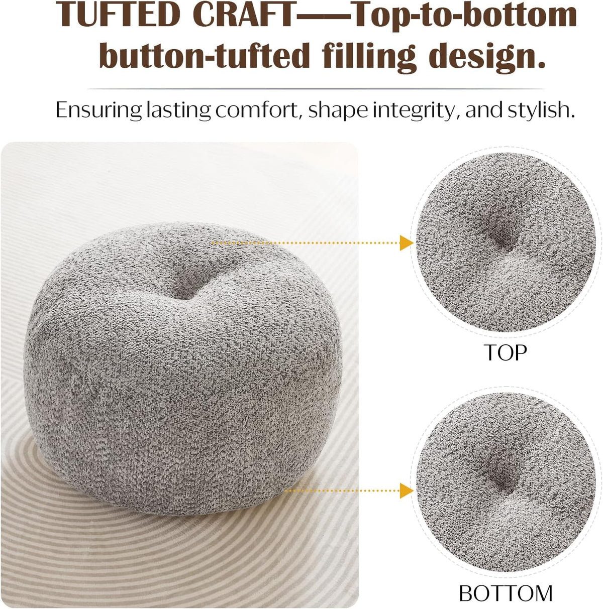 Round Ottoman,Chenille Pouf Foot Rest,Light Grey,20x15 in - Image 4