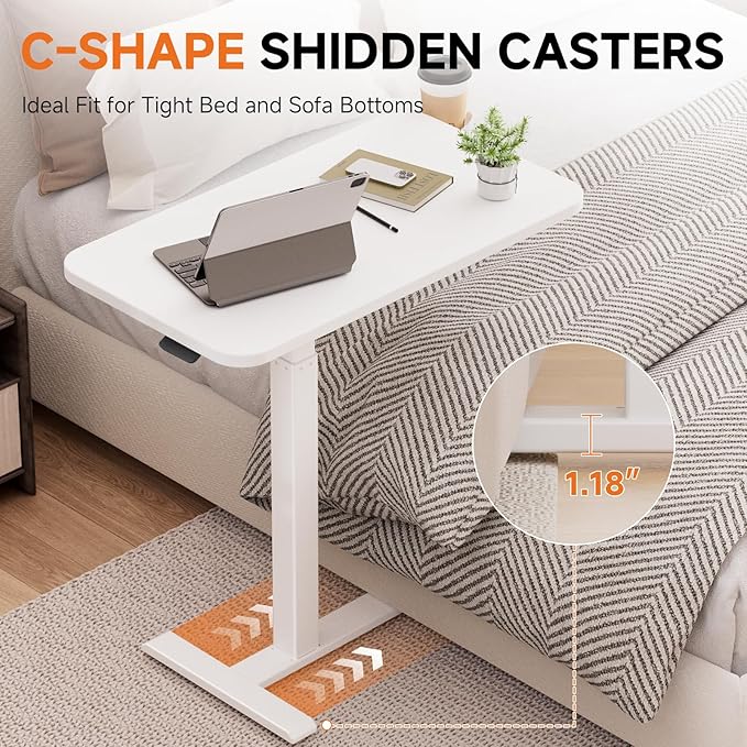 GTPLAYER Small Standing Desk with Hidden Wheels, Pneumatic Mobile Rolling Laptop Desk, Adjustable Height Overbed Bedside Table Computer Workstation for Home Office (28" W x 16" D, White) - Image 6