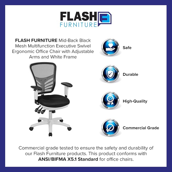 Flash Furniture Mid-Back Black Mesh Multifunction Executive Swivel Ergonomic Office Chair with Adjustable Arms and White Frame | Adjustable Armrests, 360° Swivel, Height Adjustable, Commercial Grade - Image 12