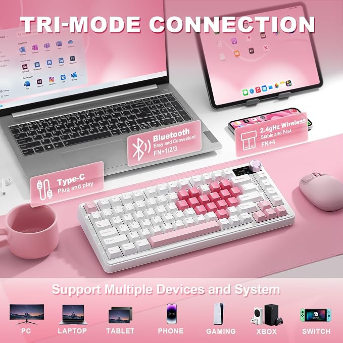 YUNZII B75 PRO MAX 75% Mechanical Keyboard (White Heart,Candy Switch) | QMK/VIA, Wireless Keyboard with Screen and Knob, Custom Hot Swap, Gasket Mount, Creamy Switches, RGB for Gaming/Win/Mac - Image 4