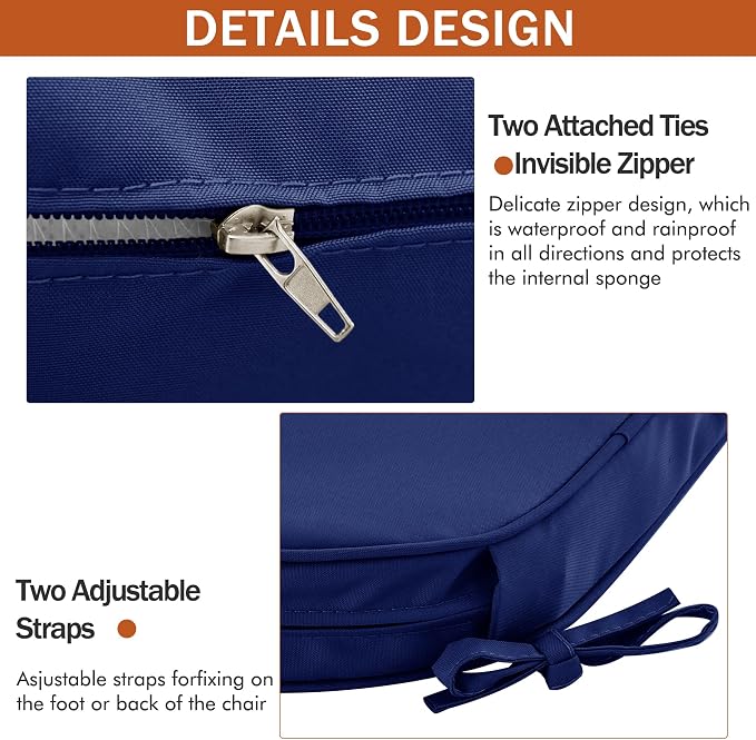 Outdoor Chair Cushions Set of 4, 17 x 16 Inch Waterproof Seat Pads | 3 Year Color Fastness Thick Patio Chair Cushion with Ties for Garden Lawn Sofa Couch, Navy Blue - Image 8