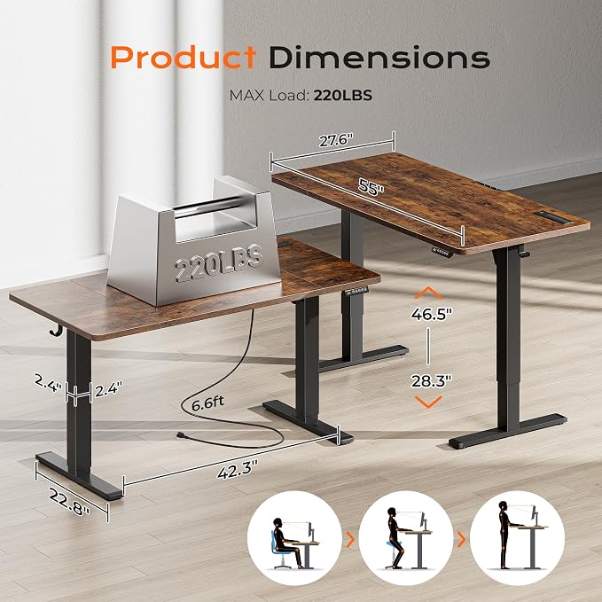 Huuger 55 x 28 Large Electric Standing Desk with 4 AC Outlets, Type-C Port, Height Adjustable Computer Desk, 27.6" Deep Desktop, Stand up Gaming Office Desk, 3 Preset Heights, Rustic Brown, ACD135Z - Image 2