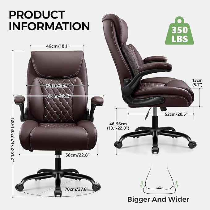 Office Chair, Ergonomic Executive Desk Chair with Lumbar Support for Lower Back Pain Relief, Padded Flip-Up Armrests, Leather Home Office Chair, Coffee - Image 2