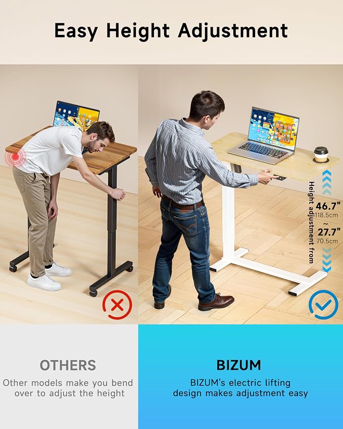BIZUM Small Electric Standing Desk Bedside Table with Hidden Wheels 31.5 x 15.8 Inch Adjustable Computer Laptop Office Desk, Maple - Image 6