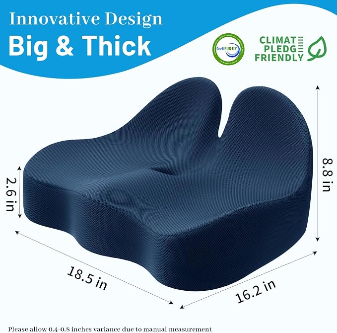Memory Foam Seat Cushion, Ergonomic Office Chair Cushion for Long Sitting | Curved Tailbone Support Cushion for Car, Desk Chair and Wheelchair, Coccyx Comfort Pad with Breathable Cover, Blue - Image 5
