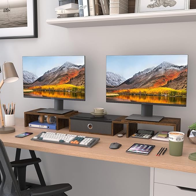 WESTREE Triple Dual Monitor Stand Riser with Drawer,Extra Large Adjustable for 2~3 Monitors,Solt for Phone & Tablet, Desktop Organizer Stand for Computer,Laptop,Printer,TV - Image 4