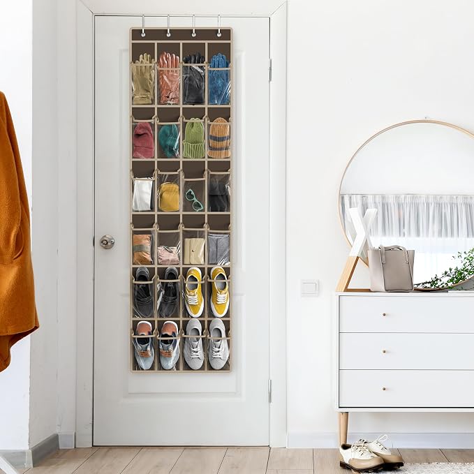 Simple Houseware 24 Pockets Clear Over the Door Shoe Organizer, Brown | 64" x 19", 4 Durable Metal Hooks, 4.3" x 9.5" Pocket Size, Multipurpose - Image 8