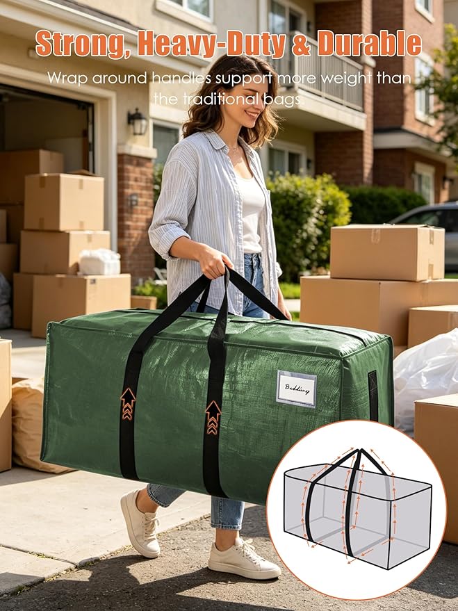 SWEET DOLPHIN 8 Pack 200LB Heavy-Duty Moving Bags with Wrap-Around Handles, Extra Large Storage Totes for Space Saving, Clothes Storage Bags, College Dorm Essentials, Green, 24 Gal - Image 2
