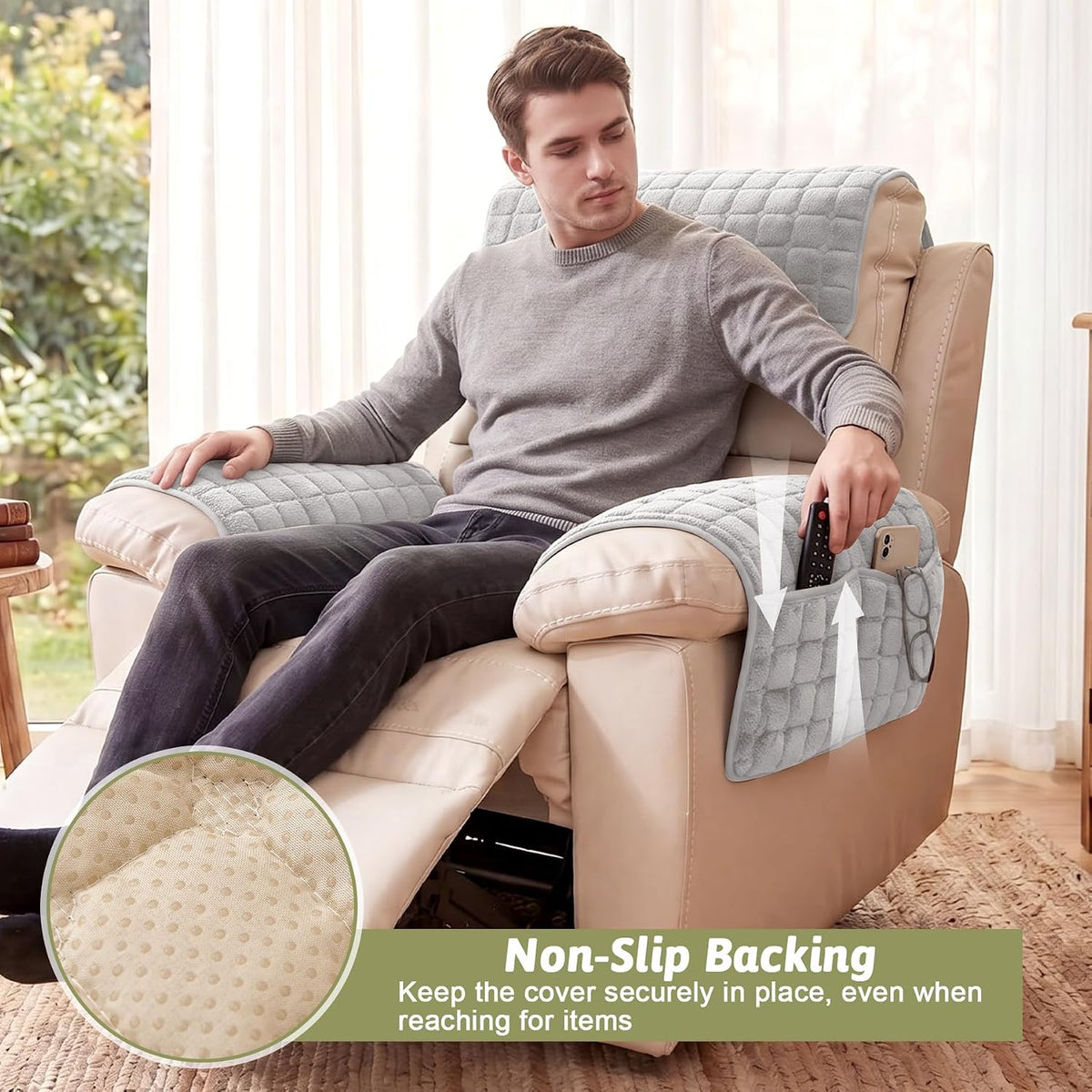 Universal Flannel Recliner & Armchair Covers with Pockets - Image 5