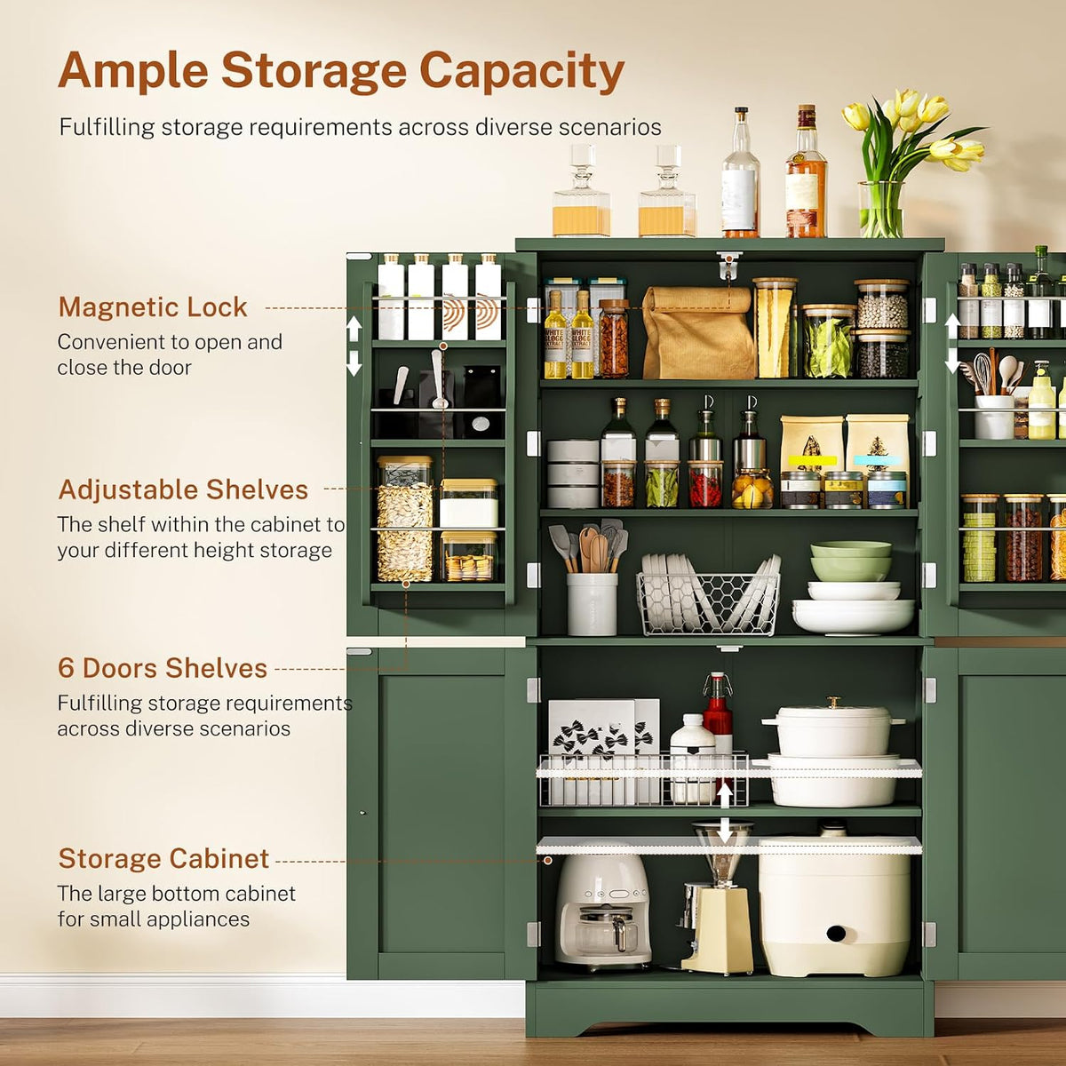 Pantry Cabinet with 4 Doors, Kitchen Storage Cabinet with Door Shelves, Kitchen Cabinet, Kitchen Pantry for Living Room, Dining Room, Bathroom, 51”H, Green - Image 4