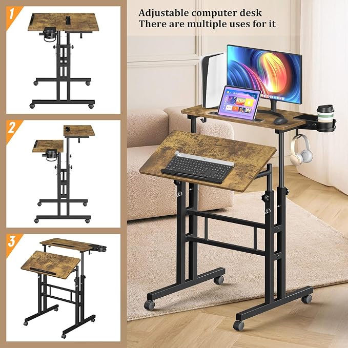 Enayplon Small Standing Desk with Wheels, Mobile Stand Up Desk, Portable Standing Table on Wheels for Walking Pad, Rolling Computer Desk Adjustable Height, Tall Table - Image 3