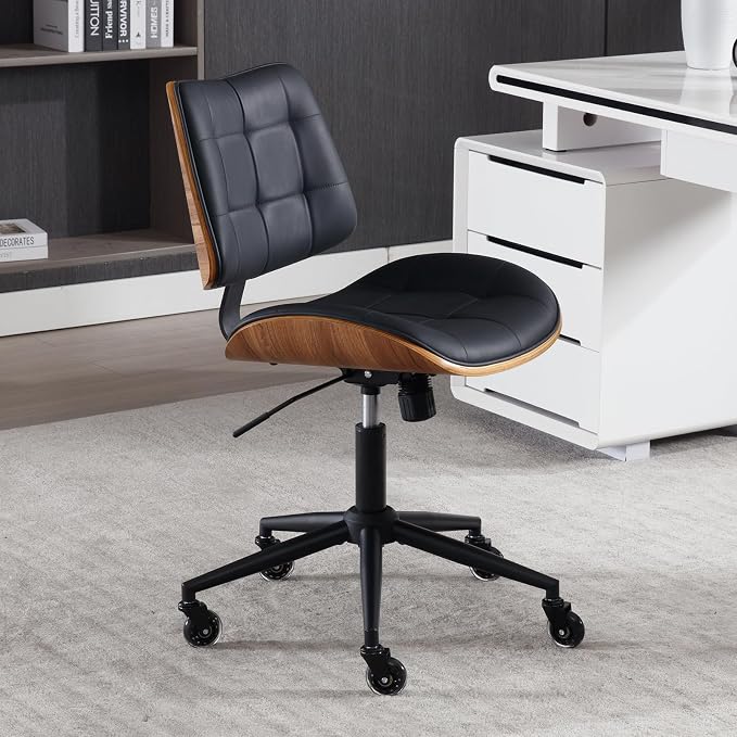 Home Office Desk Chair with Rubber Wheels, Armless Bentwood, Black | Adjustable Height Armless Office Chair, PU Leather Mid Back 360°Small Computer Chair, No Arms Walnut Seating, 300LBS Support - Image 4