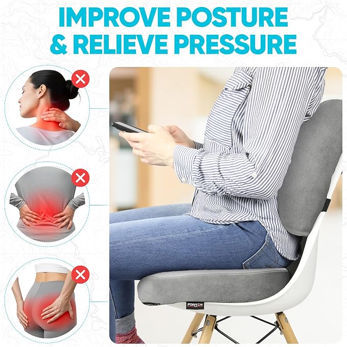 FORTEM Seat Cushion & Lumbar Support for Office Chair, Wheelchair, Car | Memory Foam | Ergonomic Design | Washable Cover | Non Slip | Grey - Image 5