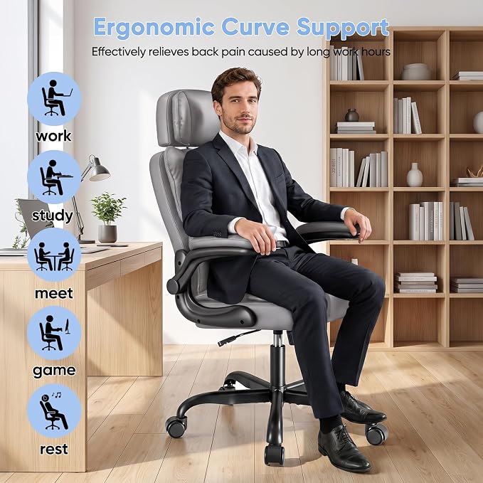 Kensaker Ergonomic Executive Office Chair with Adjustable Headrest & 90° Flip-Up Arms, High Back PU Leather Computer Desk Chair with 135° Rocking & Double Padding for Home Office Comfort, Gray - Image 6