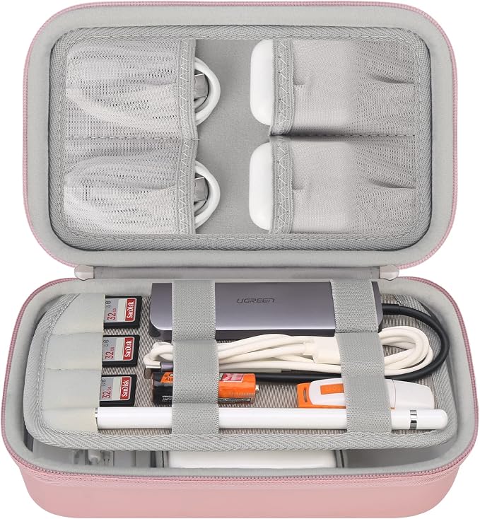 Elonbo Hard Travel Cords Organizer Universal Small Electronic Accessories Carrying Case for Chargers Cable MacBook Adapter Magic Mouse Apple Pencil USB Flash Disk Tech Portable Storage Bag, Rose Gold by Elonbo