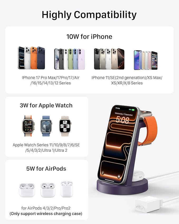 Anlmz 3 in 1 Charging Station for iPhone - Wireless Charger for Apple Products Multiple Devices - Charging Dock Stand for AirPods (for iPhone 17 16e 16 15 14 13 pro 12 11 X Max) - Image 4