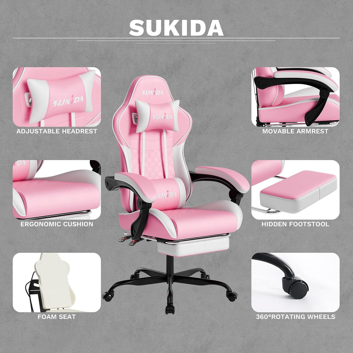 Ergonomic Video Gamer Chairs Gaming Computer Chairs Gamer Chairs for Adults Massage Lumbar Support Swivel Height Adjustable Headrest Backrest - Image 5