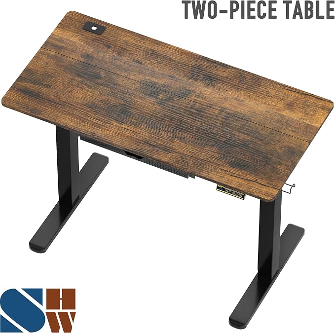SHW 48-Inch Electric Height Adjustable Standing Desk w/Drawer, Rustic Brown | w/ Memory Presets and Cable Management | Drawer with adjustable compartments | Hanging Hooks - Image 9