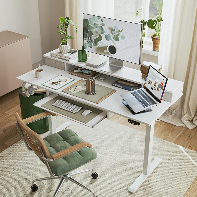 Agilestic 55 Inch Standing Desk with Drawers & Keyboard Tray, White | Electric Height Adjustable, 2 Storage Drawer, Monitor Stand, Sturdy Steel Frame, Memory Presets, Hooks, 154 lbs, Splice Board - Image 2