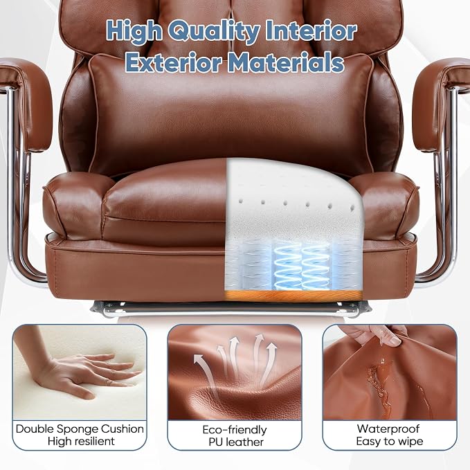 DUMOS Ergonomic Home Office Desk Chair, Executive Chair, PU Leather | Big Tall High Back, Lumbar Support, Reclining Height Adjustable, Computer Gaming, Footrest Swivel Wheels, Brown - Image 7