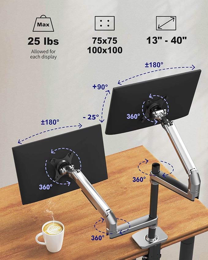 Ergounion Premium Dual Monitor Stand for Desk, High-Grade Aluminum Stacked Monitor Arm with Heavy-Duty Mechanical Spring, Adjustable Vertical Double Monitor Mount for 13-40 inch Screens, Silver - Image 6
