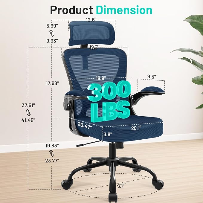 Office Chair - Ergonomic Desk Chair Breathable Mesh Chair with 2D Headrest & Adjustable Lumbar Support - Executive High Back Rolling Swivel Computer Gaming Chair with Wheels Flip-up Armrests - Image 2