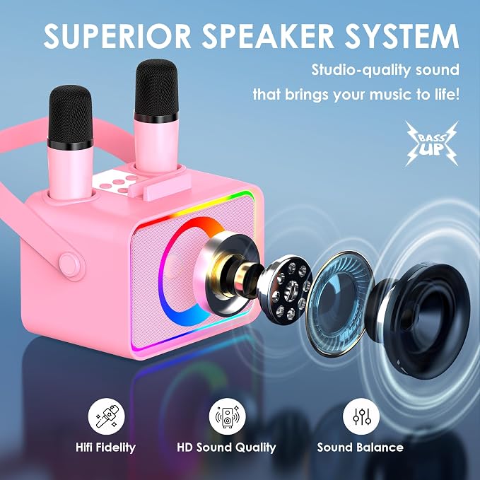 Karaoke Machine for Kids Adults,Portable Bluetooth Speaker with 2 Wireless Microphone with LED Lights, Karaoke Microphone with PA System Supports USB/TF/AUX,Gift for Party(Black) (Pink) - Image 2