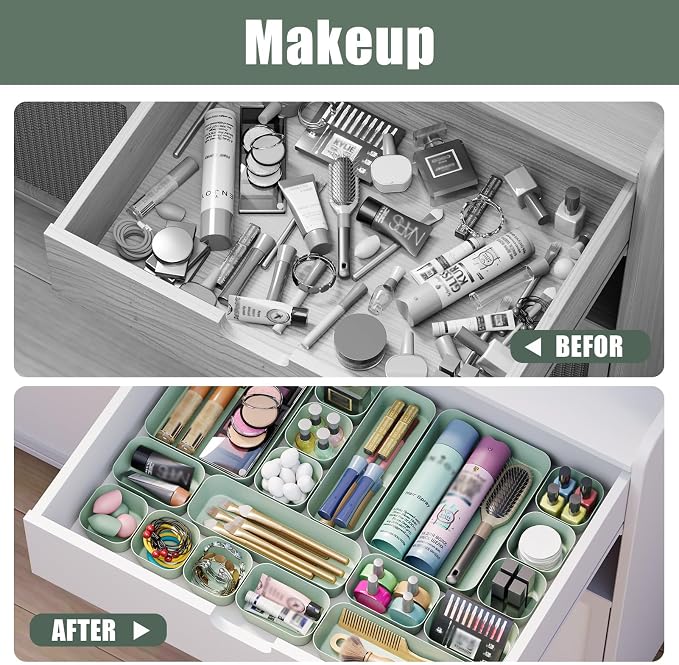 Drawer Organizers Bins 18 PCS for Bathroom Makeup Desk Office | with Non-slip Pads, 4 Sizes, Plastic Tray, Vanity Organizer, Kitchen Utensils Organizer - Image 8
