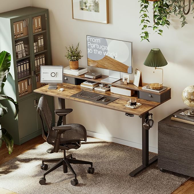 Agilestic 48 x 24 Inches Electric Standing Desk with 2 Storage Drawers, Adjustable Height Sit and Stand Computer Table with Splice Board, Rustic Brown | Electric Height Adjustable, 2 Storage Drawer, Monitor Stand, Sturdy Steel Frame, Memory Presets, Ho... - Image 2