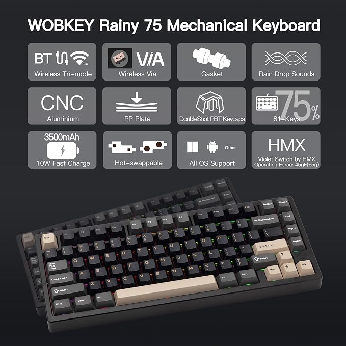 KEEBMONKEY WOBKEY Rainy 75 CNC Aluminum HMX/JWK/Cocoa Switches Triple-Mode Connectivity Mechanical Keyboard with Superior Acoustics, RGB/PP/Gradient Glass/3500mAh/Violet Switch (Standard - Black) - Image 2