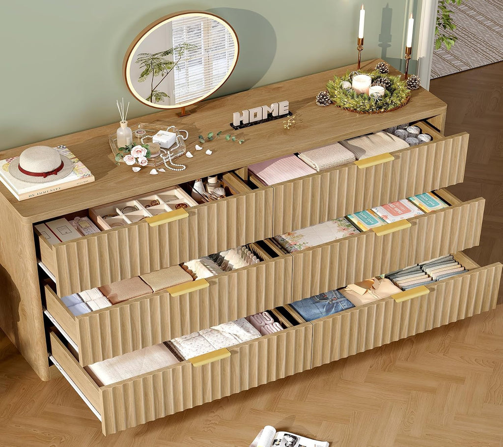 56.3'' Dresser for Bedroom with 6 Drawers, Dressers & Chest of Drawers with Curved Profile Design, 6 Drawer Dresser, Fluted Dressers, Wood Dressers for Bedroom, Living Room, Natural - Image 3