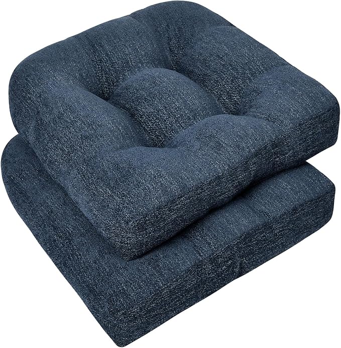 downluxe Chair Cushions for Dining Chairs 2 Pack, Tufted Indoor Chair Pads with Non-Slip Bottom, U-Shaped Kitchen Chair Cushions, 17"x17"x4", Navy by Downluxe