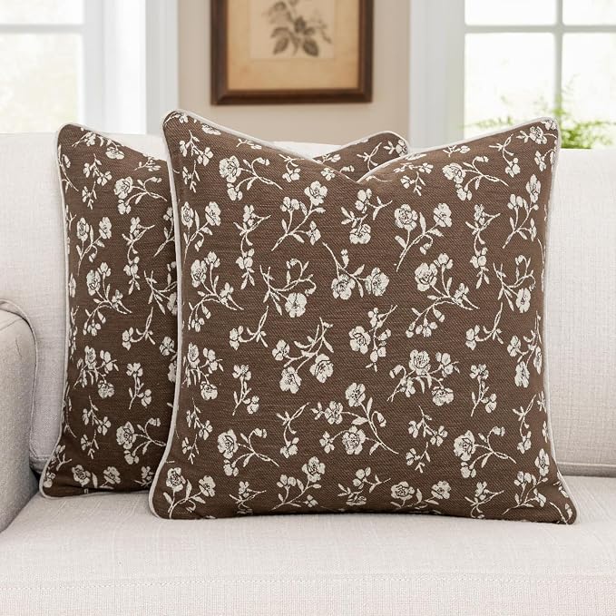 18x18 Chenille Jacquard Throw Pillow Cover, Taupe Gray Vintage Floral Cushion Case with Piped Edges, Decorative Accent for Sofa, Couch & Bed, 2 Pack by Vfuty
