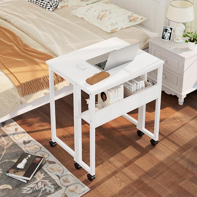 GreenForest Folding Desk with Wheels, 24.8" Rolling Table for Small Spaces | Storage Shelf, Lockable Casters, Compact Portable Workstation, Space-Saving Foldable Sofa Table, Home Office, Mobile, White - Image 2
