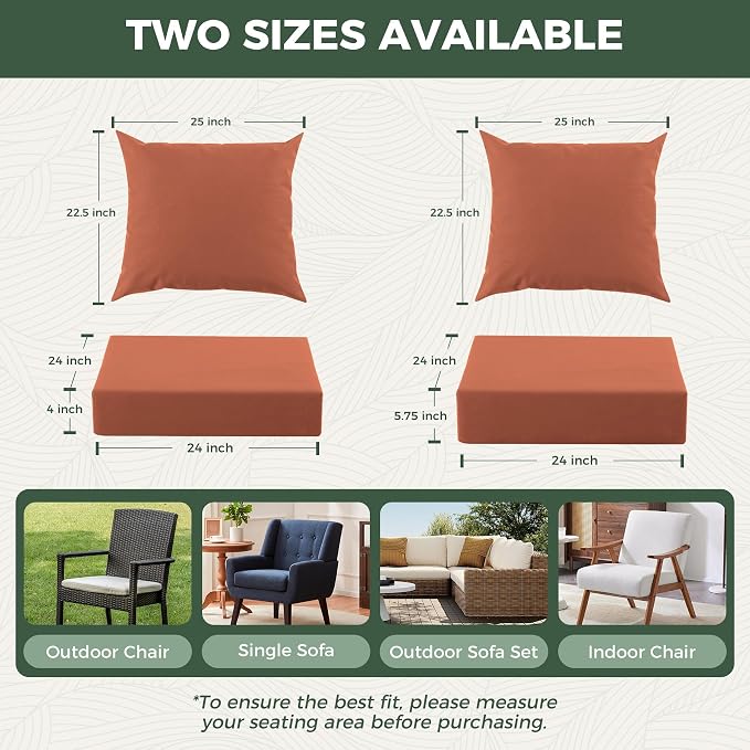 Outdoor Cushions for Patio Furniture, Outdoor Seat Cushion Set 24 x 24 x 5.75 Inch, Waterproof & Fade Resistant Outdoor Chair Cushions, Deep Patio Chair Cushion with Removable Cover, Spice - Image 5